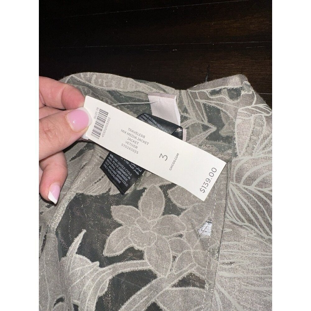 Travelers Collection by Chico's Women's Top Green Print Size 3 Flowy Open Front - Picture 3 of 4